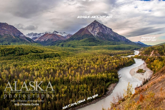 Looking out over the Matanuska River at Kings Mountain with Pinnacle Mountain in the background.