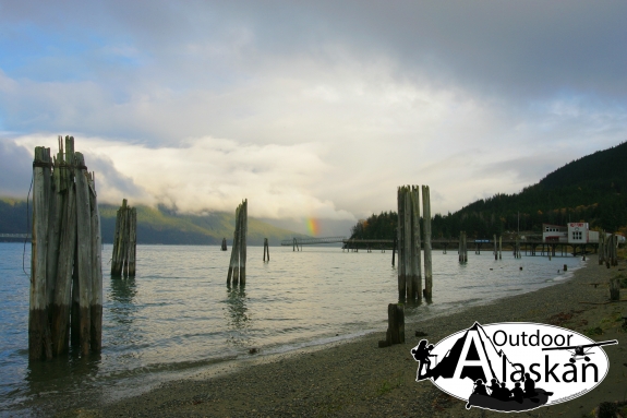From the shores of Port Chilkoot looking across Lynn Canal to a rainbow over the Katzehin River.