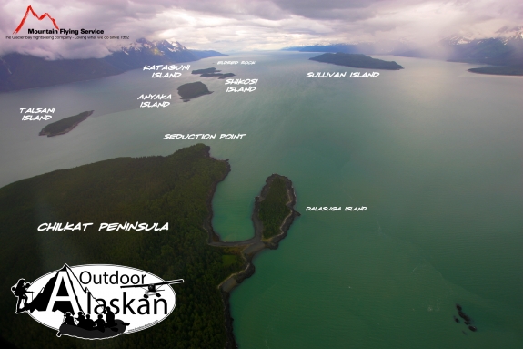 Looking south down Lynn Canal. The Chilkat Islands and Eldred Rock down the center, Sullivan Island off to the west, along with the Chilkat Range.