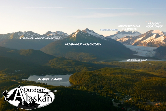 Looking out over Auke Lake, Mendenhall Lake, Mendenhall Glacier, and all the mountains behind them.