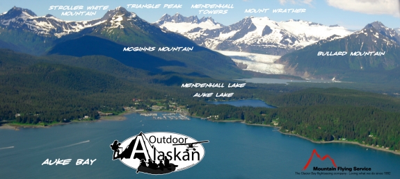 Looking up at Mendenhall Glacier and the surrounding mountains from above Auke Bay. 