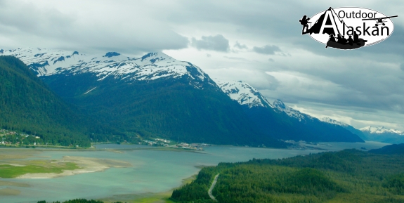 Looking south down the Gastineau Channel with Juneau on the left and Douglas Island on the right.