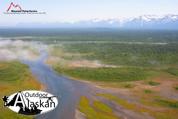 The Alsek River and East Alsek River drain from Alsek Lake and flow to the Gulf of Alaska. In between is Bear Island, a rather large in land island. The Brabazon Range frames the background.