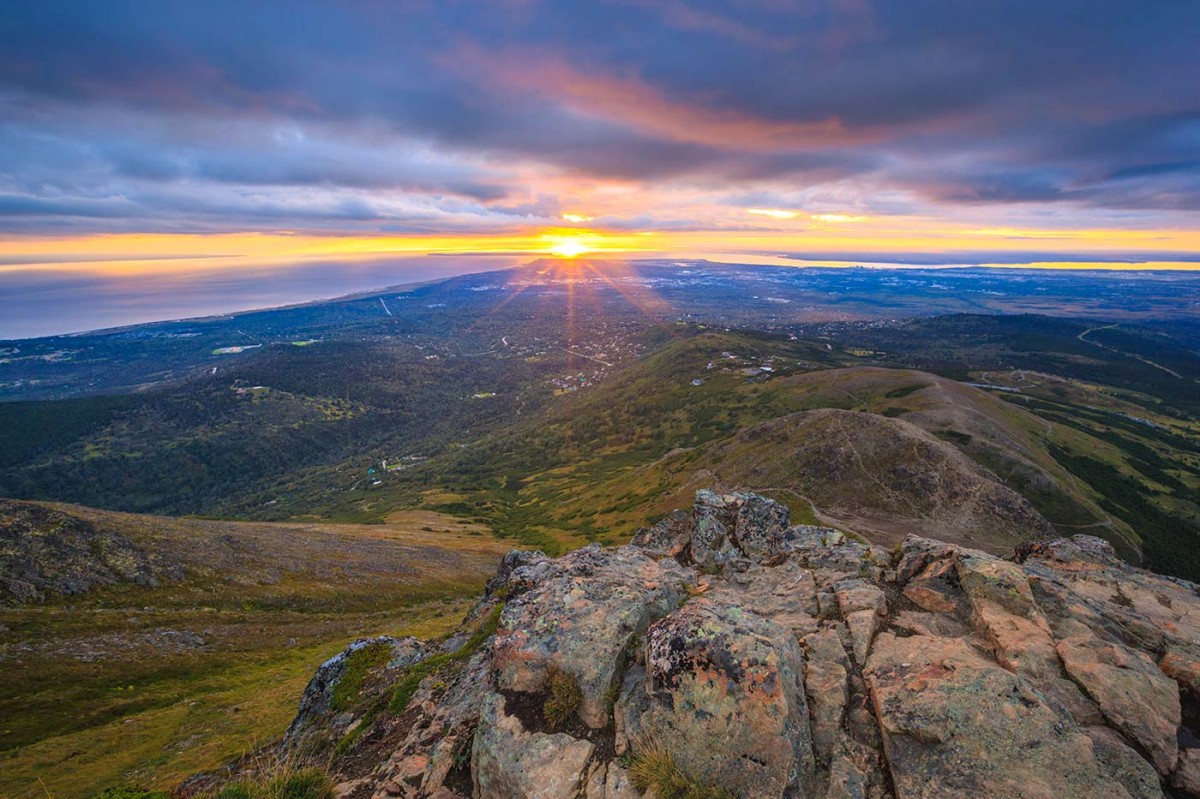 Watching the sunset behind Anchorage from near the top of Flattop Mountain.