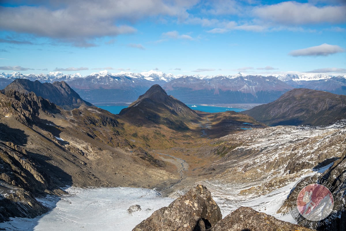 Looking down Area 51 across Area 51 Glacier, with mountains (left to right) Mummy Mountain, Snow Dome (center), and the backside of Sugarloaf Mountain. Valdez ,Alaska September, 2021.