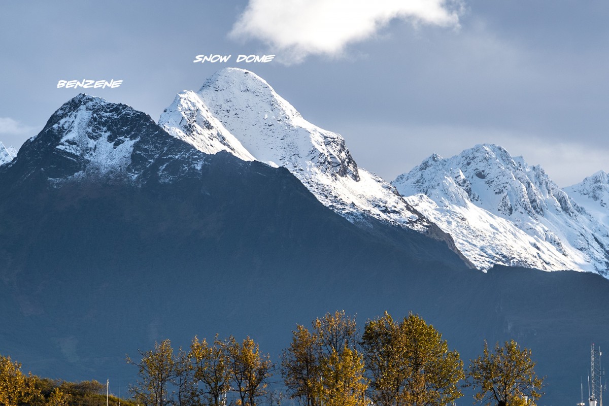 Benzene and Snow Dome as seen from the harbor in Valdez, Alaska.