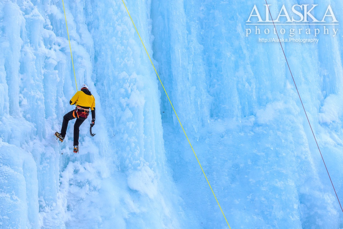 An ice climbers descends Bridal Veil Falls.