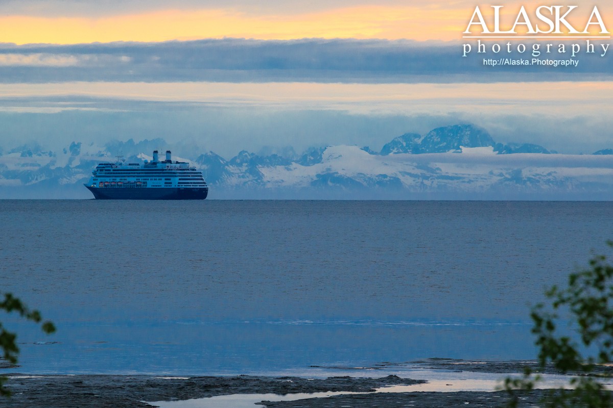 Holland America's Amsterdam sails out of Cook Inlet, away from Anchorage.