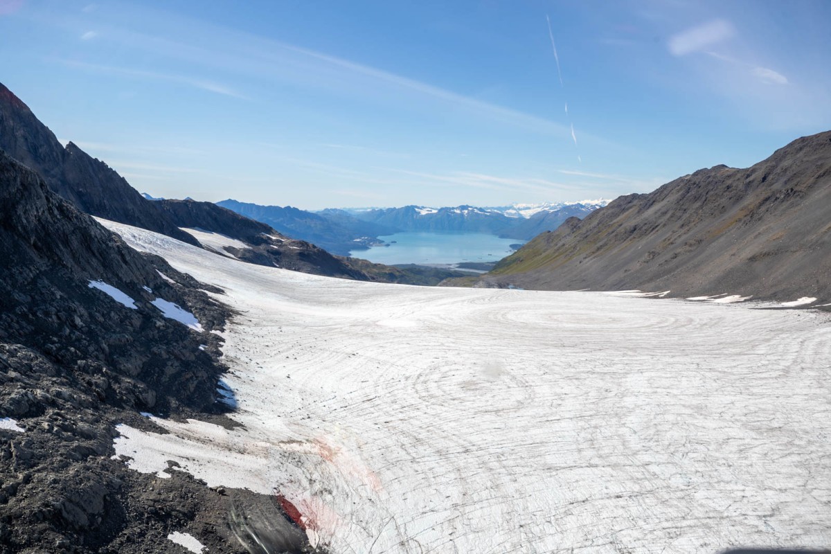 Looking down at Port Valdez from the saddle of Corbin Glacier.