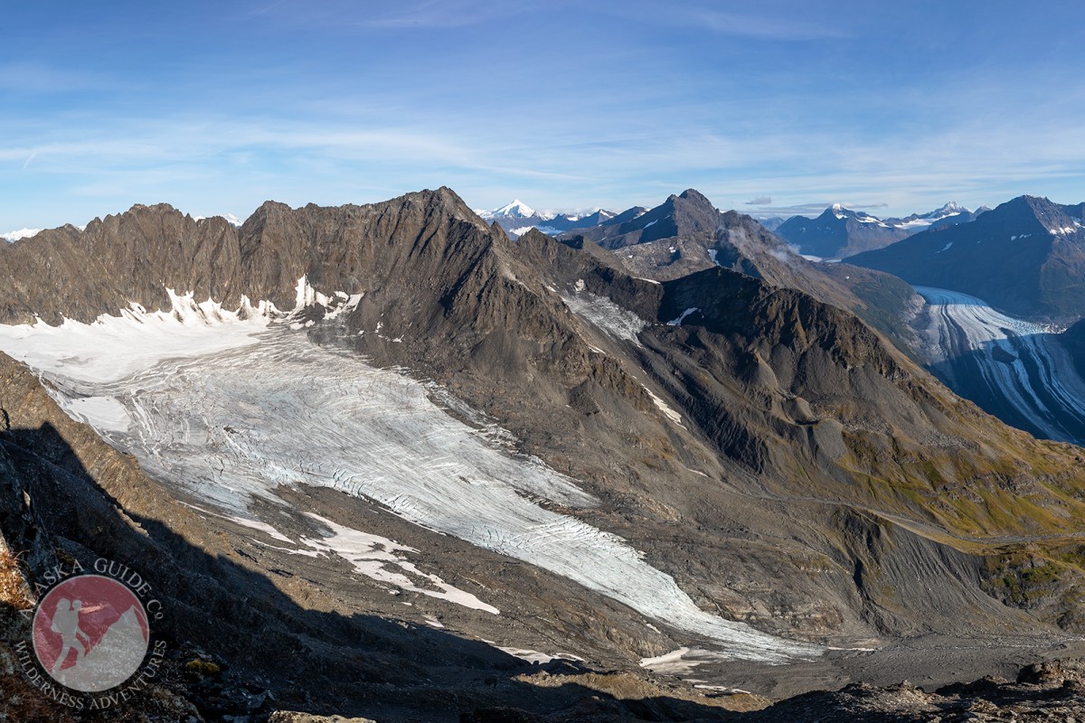 Glacier G213777E61166N (left), Glacier G213778E61174N (smaller center), Valdez Glacier (lower right, in the valley).  With Mineral Creek Glacier and Mount Cashman in the background. From West Peak.