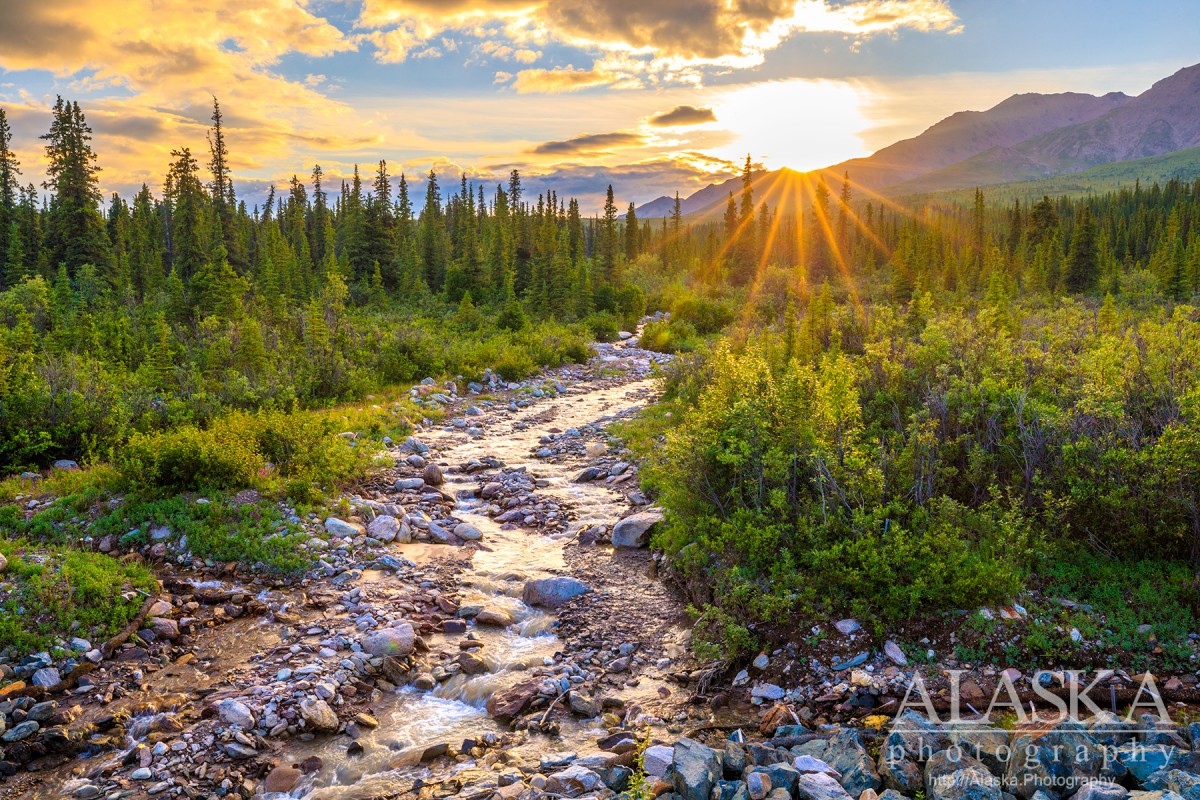 The sun sets behind the mountains along Hines Creek in Denali National Park.