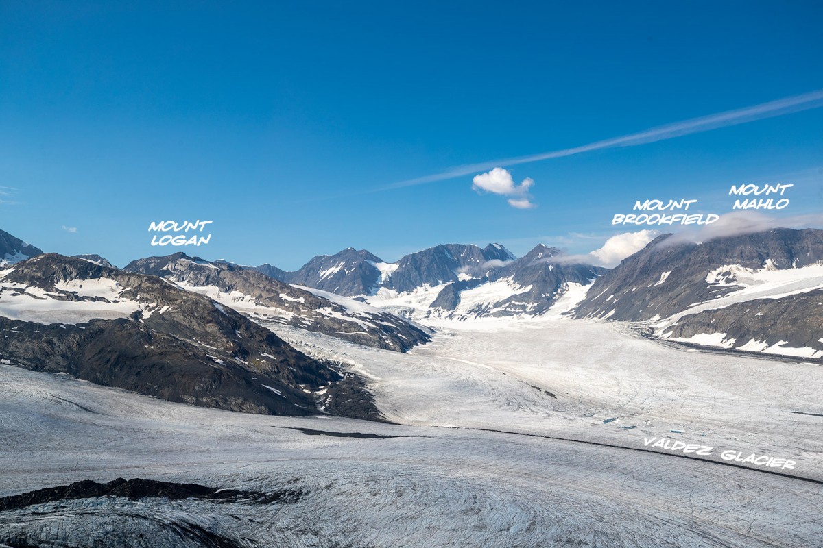 Looking up Mounts Logan, Mahlo, and Brookfield, from up Valdez Glacier.
