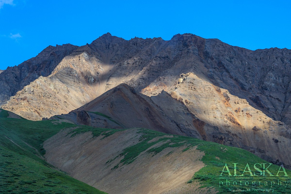 Looking up at Polychrome Mountain from a Denali National Park shuttle bus.
