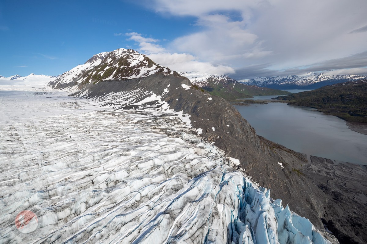 From above the face of Shoup Glacier down across the lagoon to Shoup Bay.