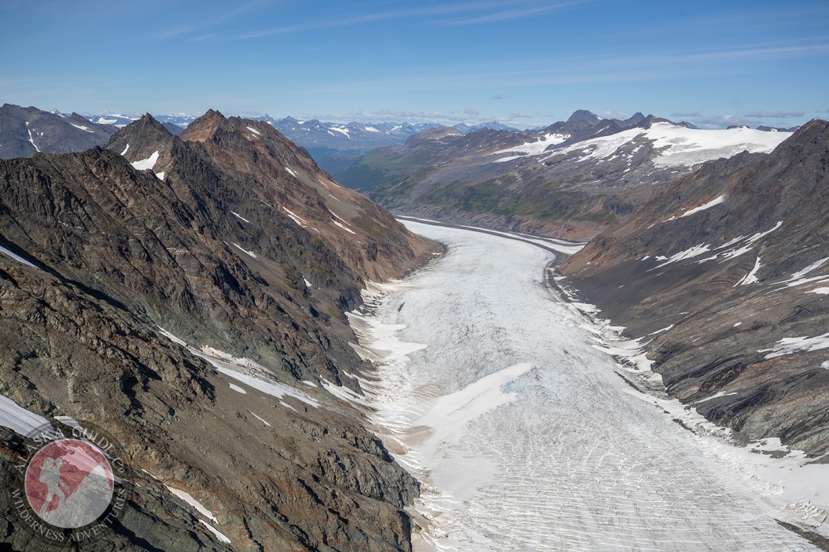 Looking down Wortmanns Glacier along the east face of The Island. With Glacier G214334E60964N and Glacier G214328E60976N in the distance.
