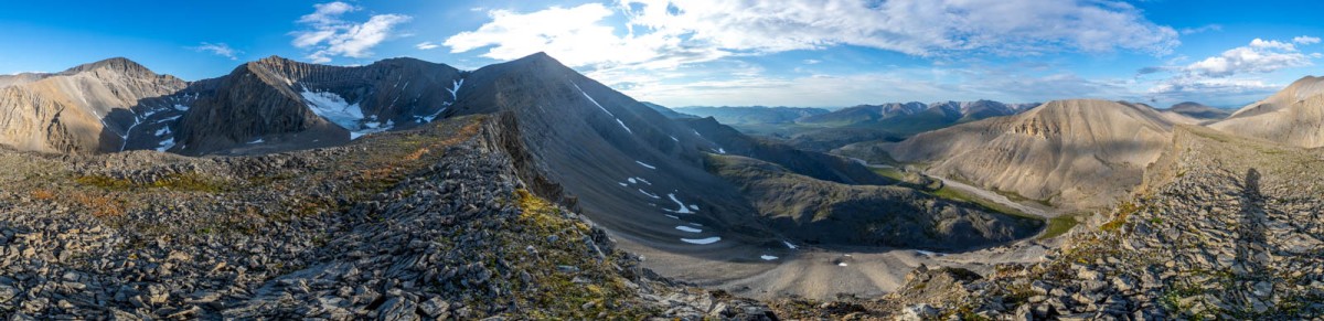 Pano from Sister Rock Glacier, Northernmost Glacier, and my camp is down in the valley in the right side of the frame.