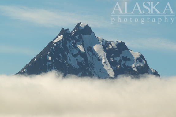 The summit of Mount Francis rises above the clouds near Valdez.