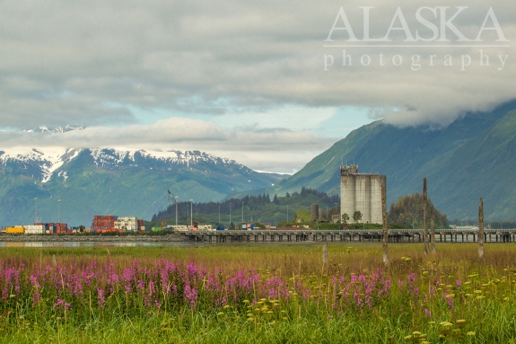 Looking out at the Port of Valdez Container Terminal, with large silos on Ammunition Island, Mount Thomas in the background.