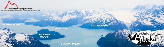 Looking south down Tarr Inlet. Lamplugh Glacier to the left of Mount Parker and Reid Glacier to the right of it. Reid Inlet between Ibach Point and Mt Parker. July 2009.