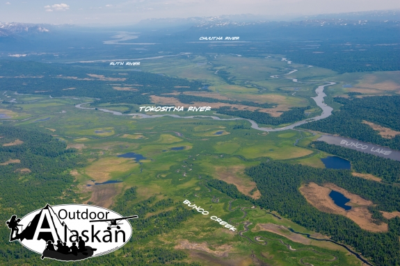 Passing over the northern end of Peters Hills, looking out at Bunco Creek, which flows into Bunco Lake, then in to the Tokositna River, which meets up with the Ruth River before flowing into the Chulitna River.