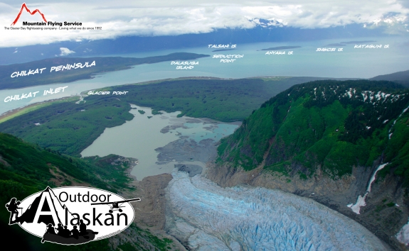 Looking down the Davidson Glacier out at Chilkat Inlet, Lynn Canal, Chilkat Peninsula, and the Chilkat Islands.