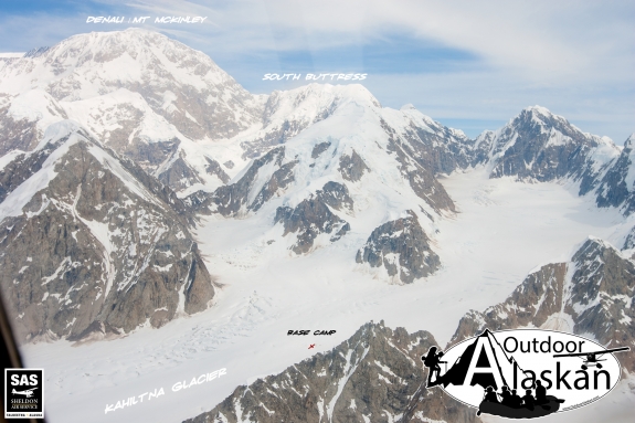 Looking north over the Kahiltna Glacier Base Camp and along the South Buttress and beyond to Denali.