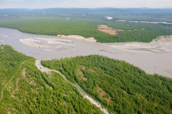 The Chulitna River in the foreground with the Susitna River behind it. Just before they meet north of Talkeetna.
