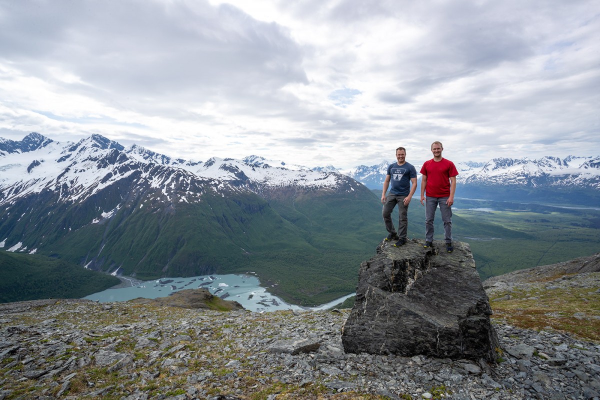 Taking a pause along the hike to take in the sights above Valdez Glacier Lake.