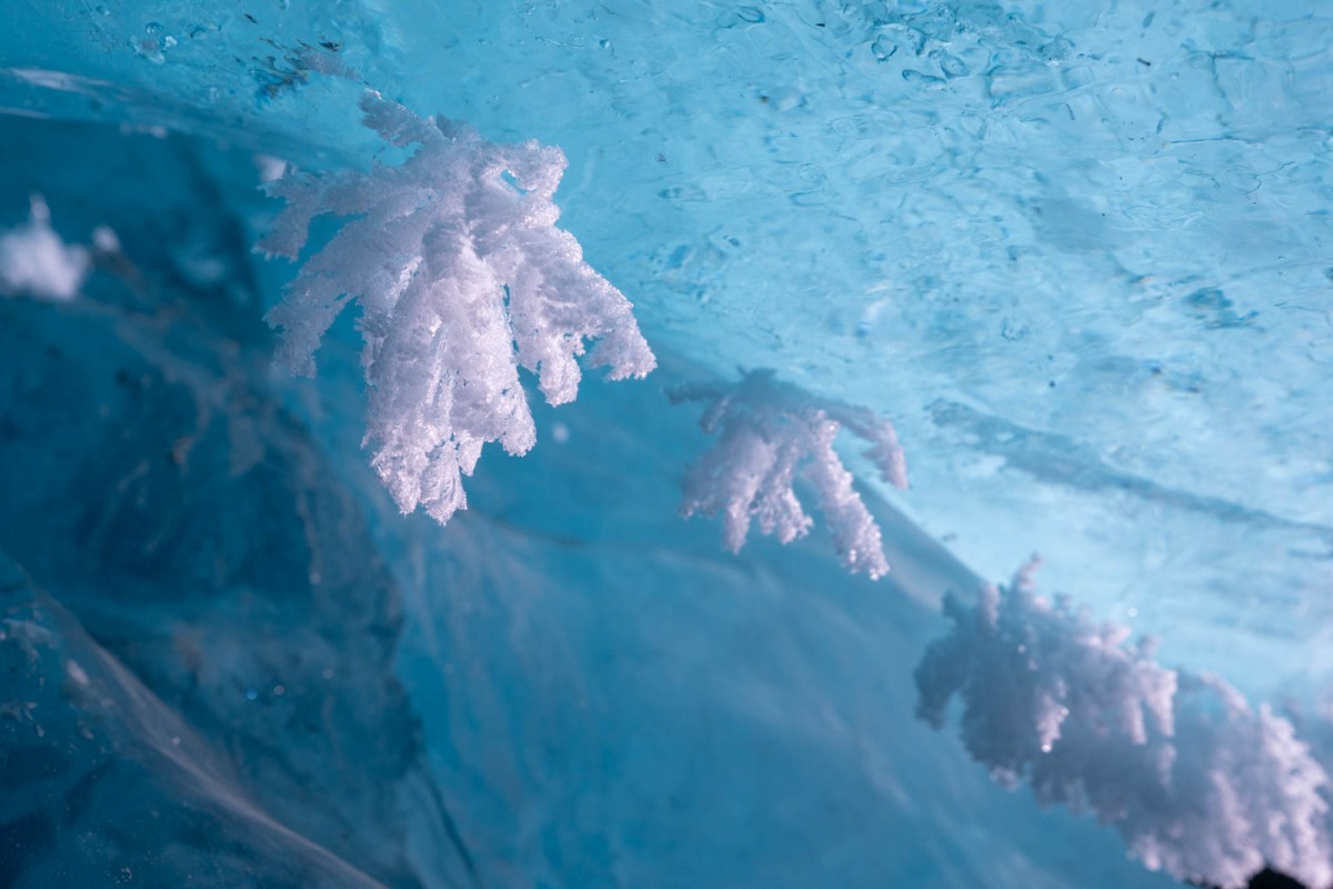 Ice crystals growing inside glacier caves.