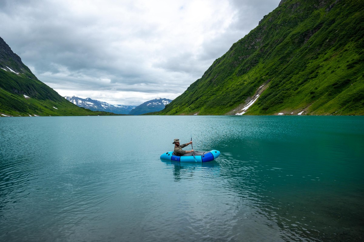 Packrafting the lake in the mountains behind Valdez.