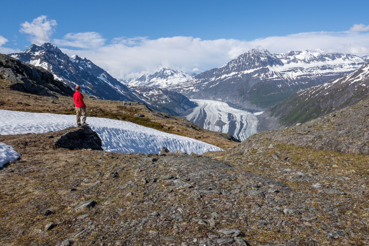 Admiring the view of Valdez Glacier at the end of the Town to Glacier Traverse hike.
