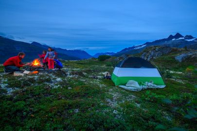 Roasting marshmellows while camping near Valdez in the alpine.