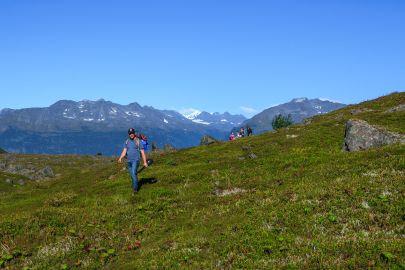 Hiking up in the Alpine above Valdez on a guided tour.