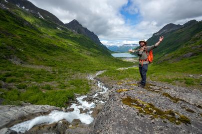 Stopping above the waterfall to look back down the the valley to the lake.