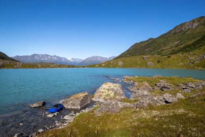 Parking the packraft to explore on the island.