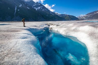 Checking out the moulin pools on Valdez Glacier.