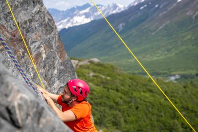 Rock climb with beautiful mountain and glacier views.