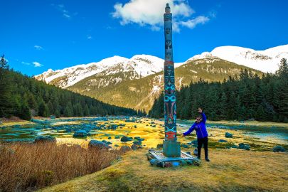 See Tlingit artwork and totem poles in Southeast Alaska.