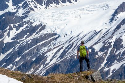 Looking out at a hanging glacier on a mountain across the way, while hiking.