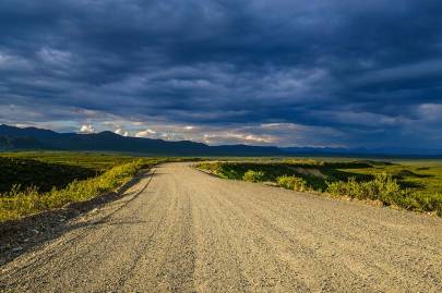 Looking down the Denali Highway as a storm brews to the north.