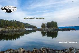 Looking out at Amalga Harbor, with Huffman Harbor behind it. Seen from between the boat launch and Kishbrock Island.