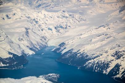 Looking up Barry Arm at Cascade Glacier, Barry Glacier, Coxe Glacier. With Mount Coville on the right (east). April 2023.