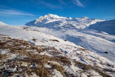 Looking up from below the north terminus of Corbin Glacier as in runs in the saddle and then out at Hogsback.