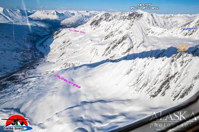 Looking down on Crudbusters, Total Crud, 40 and a half Mile Wall, Wilbur's, Mt. Billy Mitchell and the lower section of Elephant.