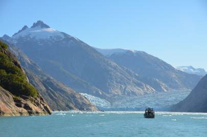 A NOAA Ship Rainier hydrographic survey launch approaches Dawes Glacier in Endicott Arm. Photo by NOAA.