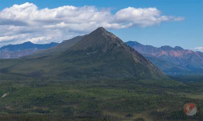 Devils Mountain in front of the Mentasta Mountains as seen from White Mountain behind Nabesna.