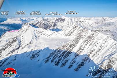 Looking at the runs 40 and a half mile Wall, Wilbur's, Elephant, Elephant Crud off Thompson Pass. With Mount Billy Mitchell and Cleave Creek Glacier. As well at Mt. Drum, Mt. Sanford, Mt. Wrangell, and Mt. Blackburn in the background.