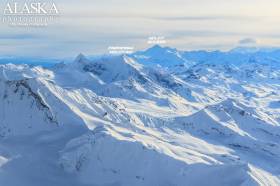 Frederika Mountain and Mount Sulzer from above Whiskey Hill Glacier.