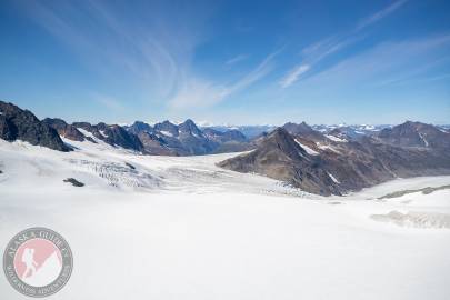 At the top of Wortmanns Glacier, looking down Glacier G214183E60923N at Meteorite Mountain, and Satellite.