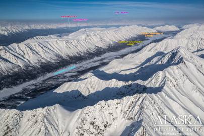 Looking up Hanagita River, Middle Hanagita Lake, Upper Hanagita Lakes, and out to Kennecott and McCarthy.